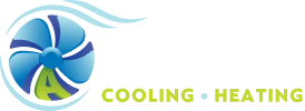 Logo with a blue fan icon, stylized "A" at the center, and the words "COOLING" and "HEATING" in green and blue text to the right of the fan.