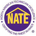 North American Technician Excellence (NATE) logo with yellow text inside a purple circle and a roof outline above the word NATE. Text around the circle mentions HVAC certification.