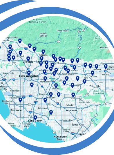 A map of the Los Angeles area displays numerous blue location markers spread across the region from Glendale to Anaheim and Claremont.