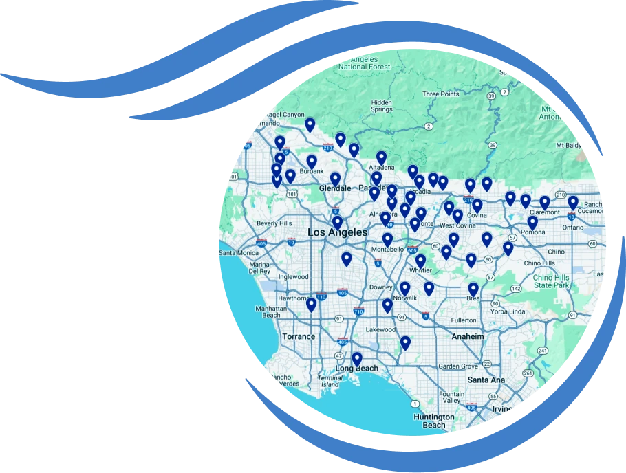 Map of Los Angeles and surrounding areas with blue location markers indicating numerous points of interest across the region.