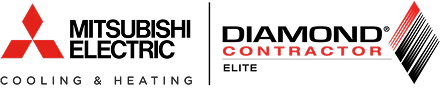 Mitsubishi Electric Cooling & Heating logo on the left, and a "Diamond Contractor" logo with red and black text on the right.