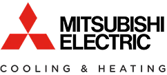 Mitsubishi Electric logo with red three-diamond symbol and "Cooling & Heating" text in black.