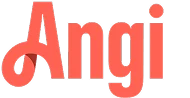 The image displays the word "Angi" in bold, coral-colored letters with a stylized capital "A" on a transparent background.