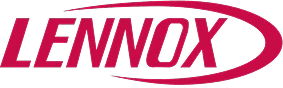 Lennox logo in red capital letters with a sweeping curved line above and below the text.